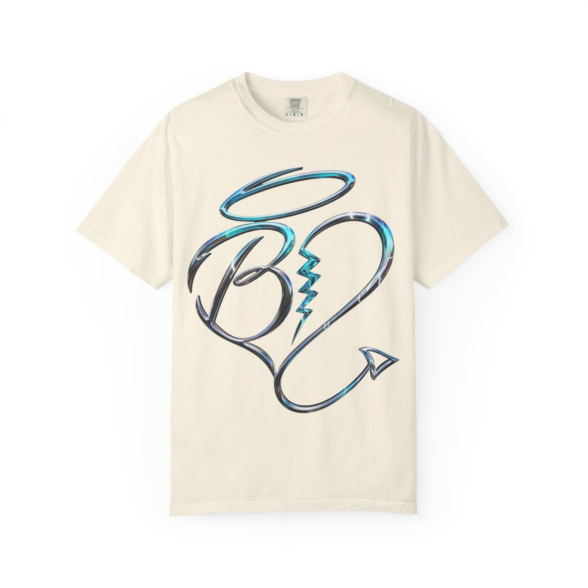 Angel & Devil Heart Graphic T-Shirt — Blue Metallic Script Design