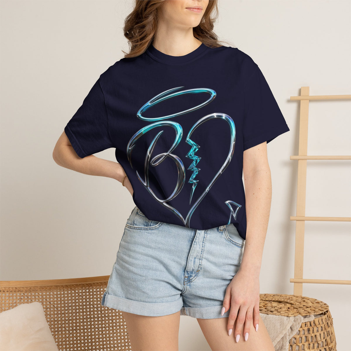 Angel & Devil Heart Graphic T-Shirt — Blue Metallic Script Design