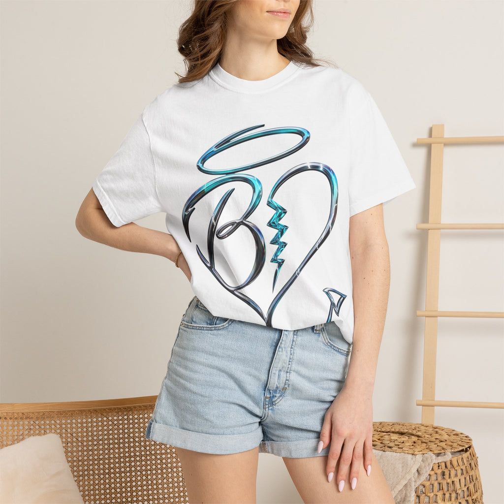 Angel & Devil Heart Graphic T-Shirt — Blue Metallic Script Design