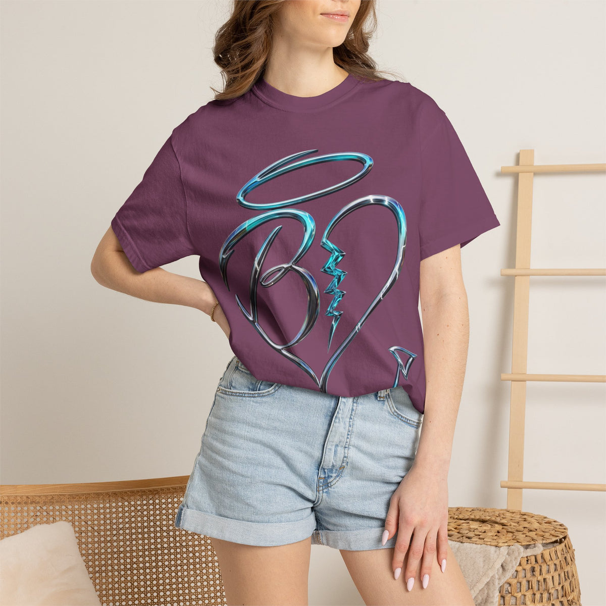 Angel & Devil Heart Graphic T-Shirt — Blue Metallic Script Design