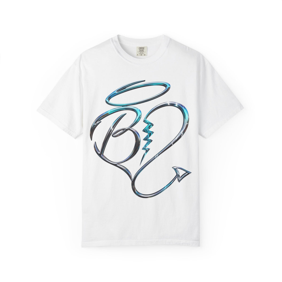 Angel & Devil Heart Graphic T-Shirt — Blue Metallic Script Design