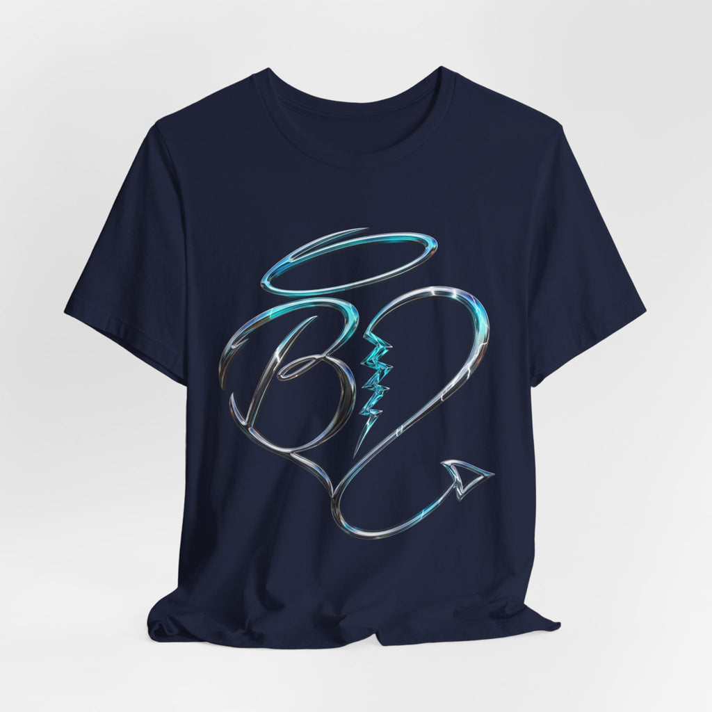 Heart Arrow Graphic Tee — Blue Metallic Love Emblem T-Shirt