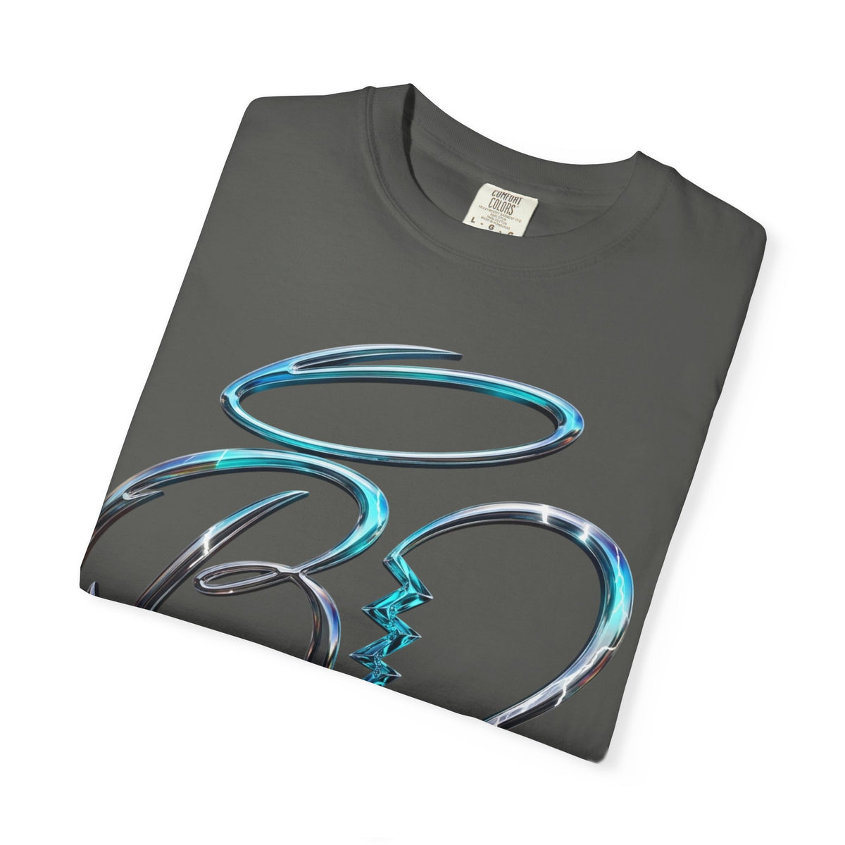 Angel & Devil Heart Graphic T-Shirt — Blue Metallic Script Design