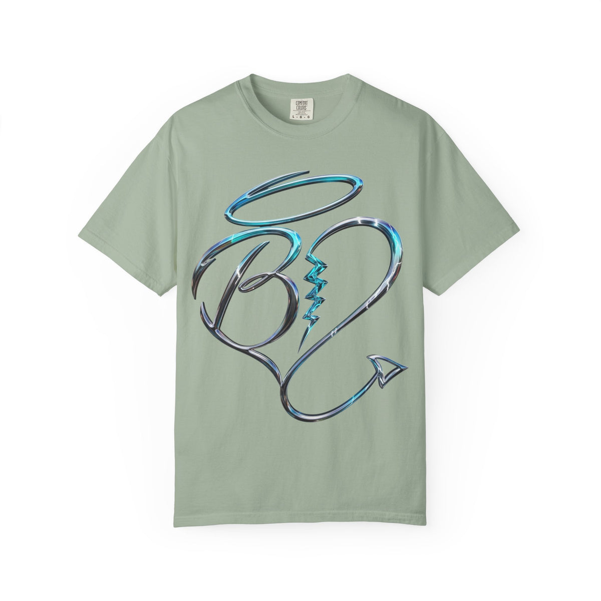Angel & Devil Heart Graphic T-Shirt — Blue Metallic Script Design