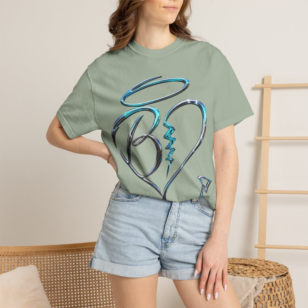 Angel & Devil Heart Graphic T-Shirt — Blue Metallic Script Design
