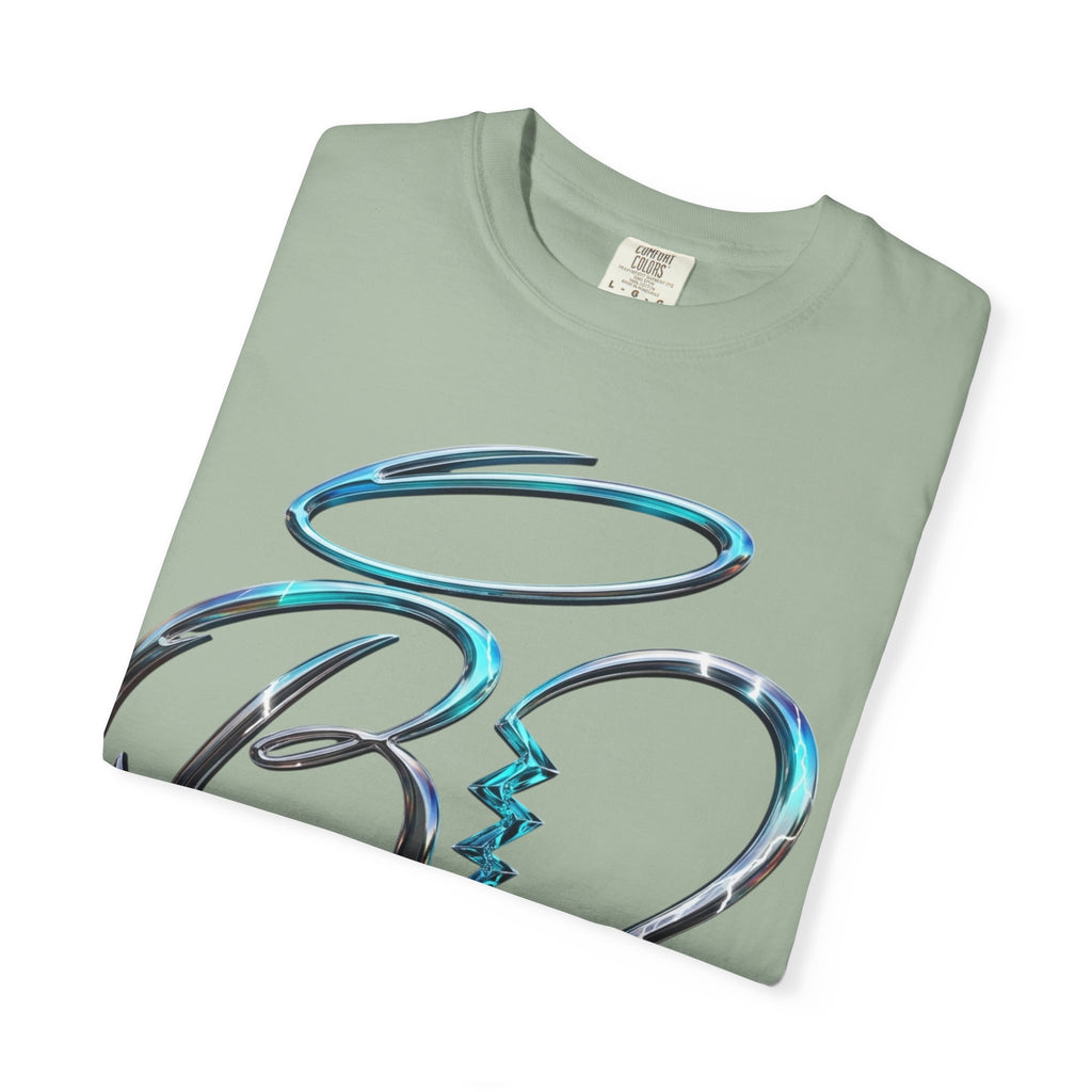 Angel & Devil Heart Graphic T-Shirt — Blue Metallic Script Design