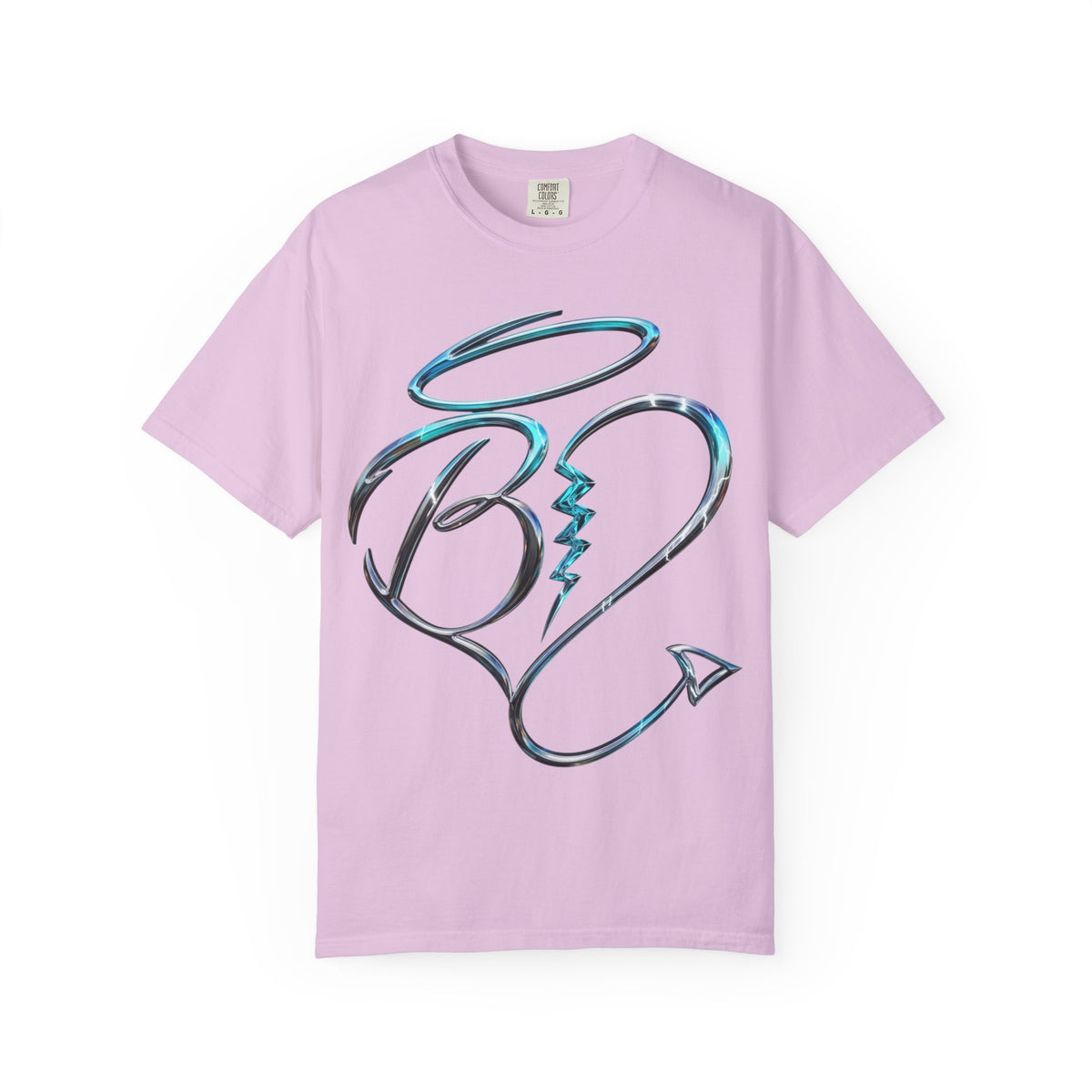 Angel & Devil Heart Graphic T-Shirt — Blue Metallic Script Design