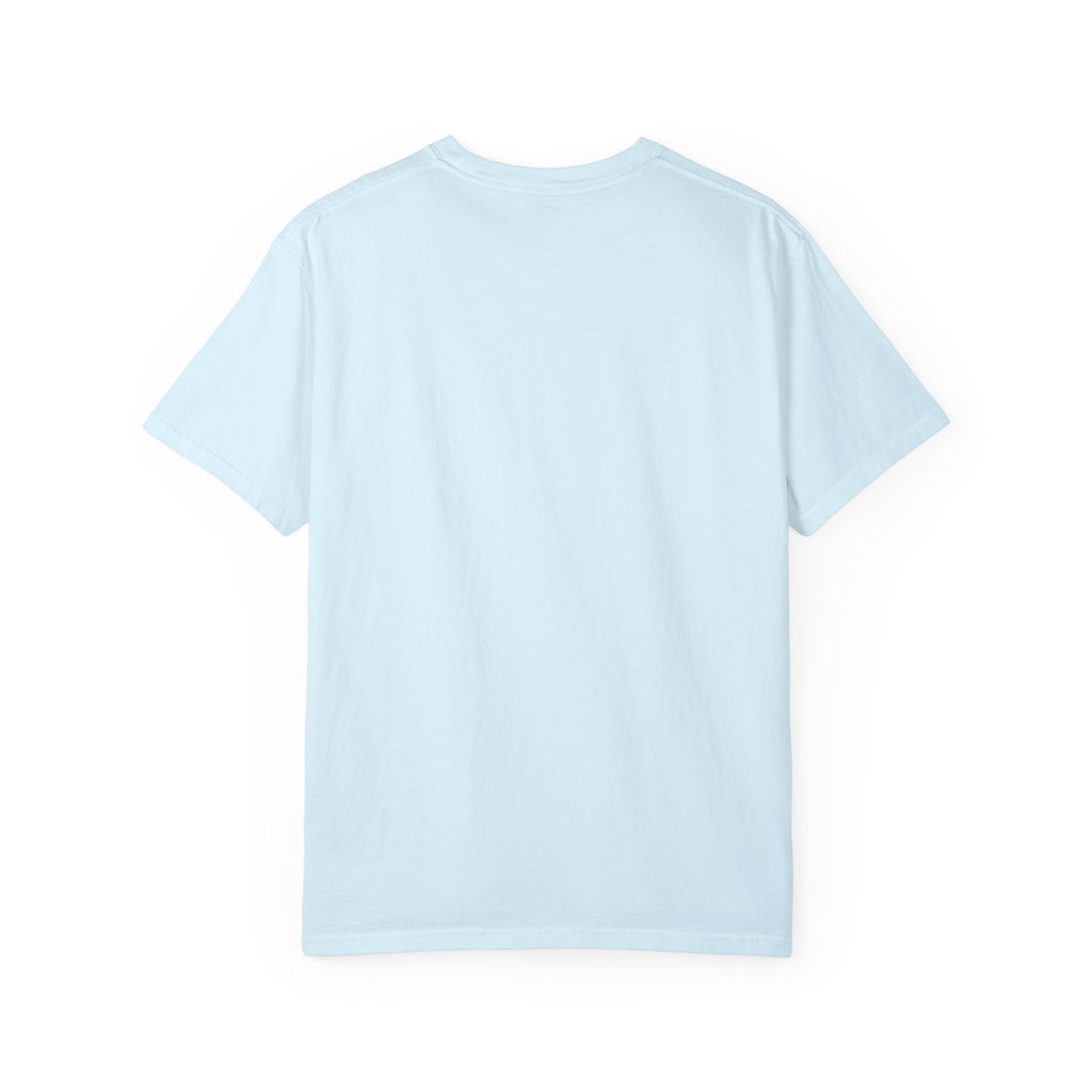 Angel & Devil Heart Graphic T-Shirt — Blue Metallic Script Design