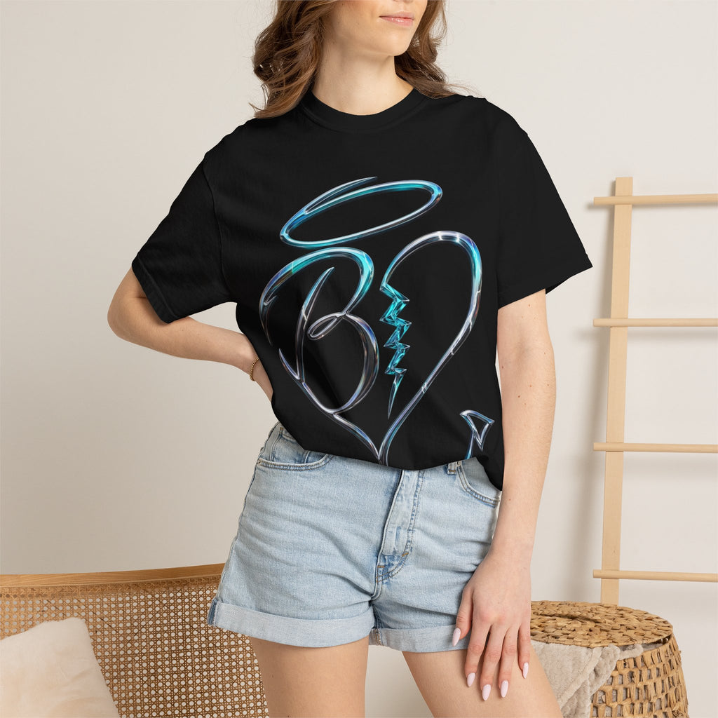 Angel & Devil Heart Graphic T-Shirt — Blue Metallic Script Design