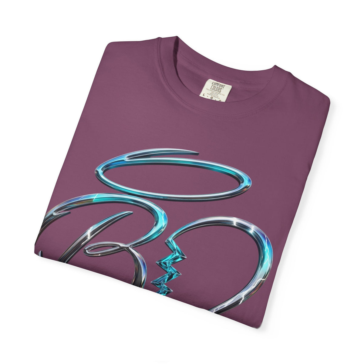 Angel & Devil Heart Graphic T-Shirt — Blue Metallic Script Design