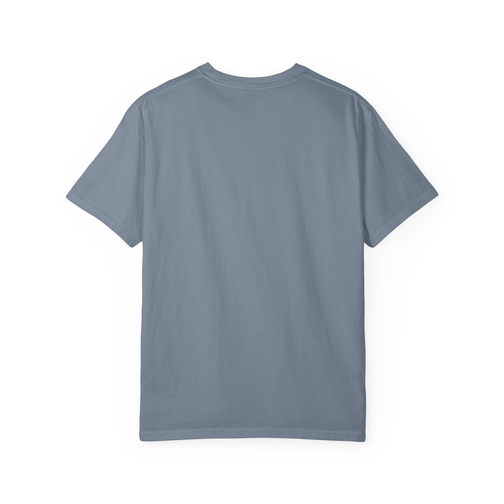 Angel & Devil Heart Graphic T-Shirt — Blue Metallic Script Design