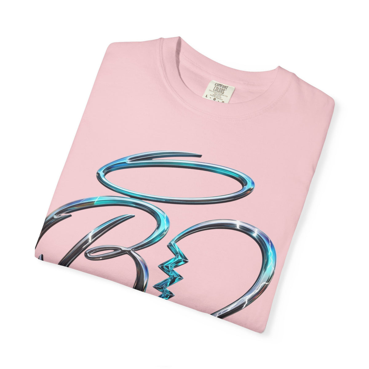 Angel & Devil Heart Graphic T-Shirt — Blue Metallic Script Design