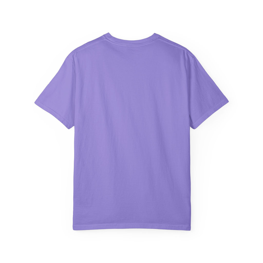 Angel & Devil Heart Graphic T-Shirt — Blue Metallic Script Design