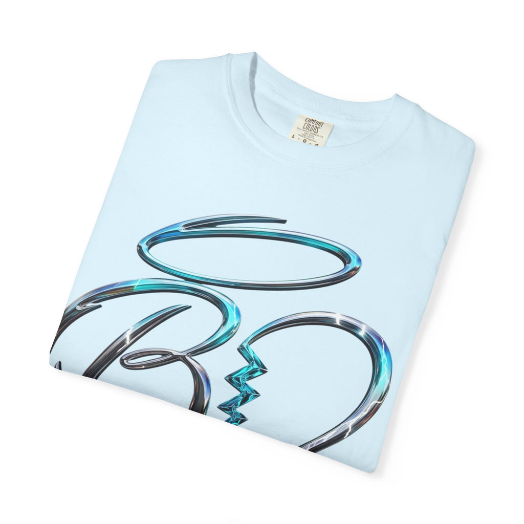 Angel & Devil Heart Graphic T-Shirt — Blue Metallic Script Design