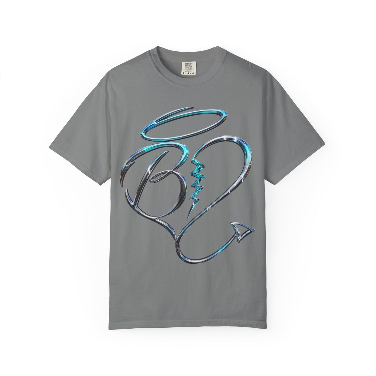 Angel & Devil Heart Graphic T-Shirt — Blue Metallic Script Design