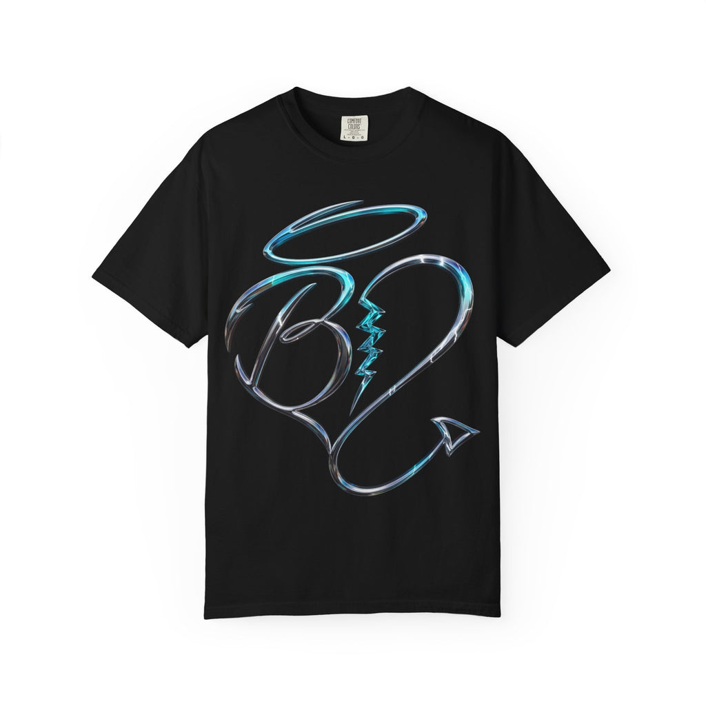 Angel & Devil Heart Graphic T-Shirt — Blue Metallic Script Design