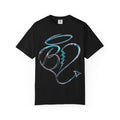 Angel & Devil Heart Graphic T-Shirt — Blue Metallic Script Design