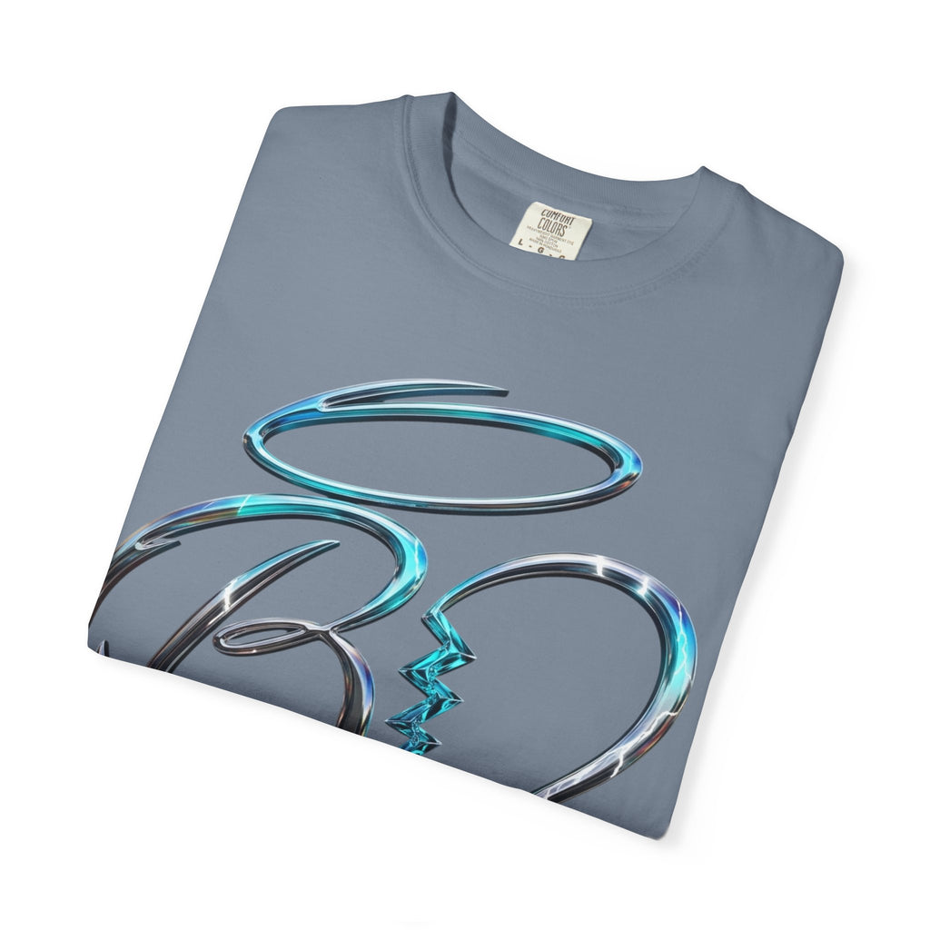 Angel & Devil Heart Graphic T-Shirt — Blue Metallic Script Design