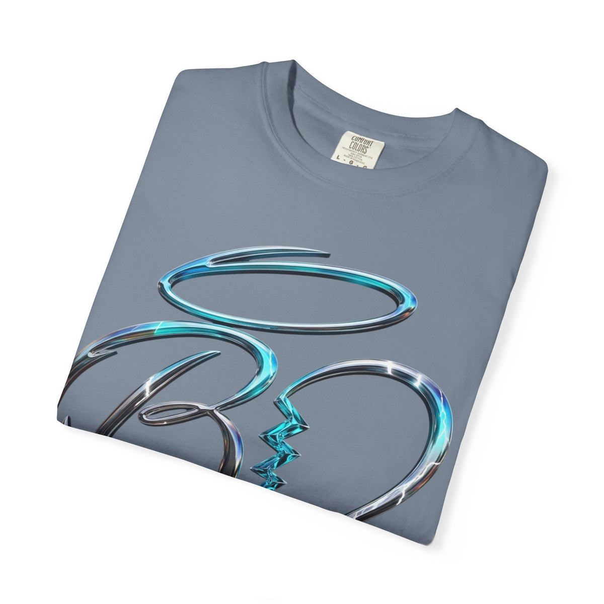Angel & Devil Heart Graphic T-Shirt — Blue Metallic Script Design