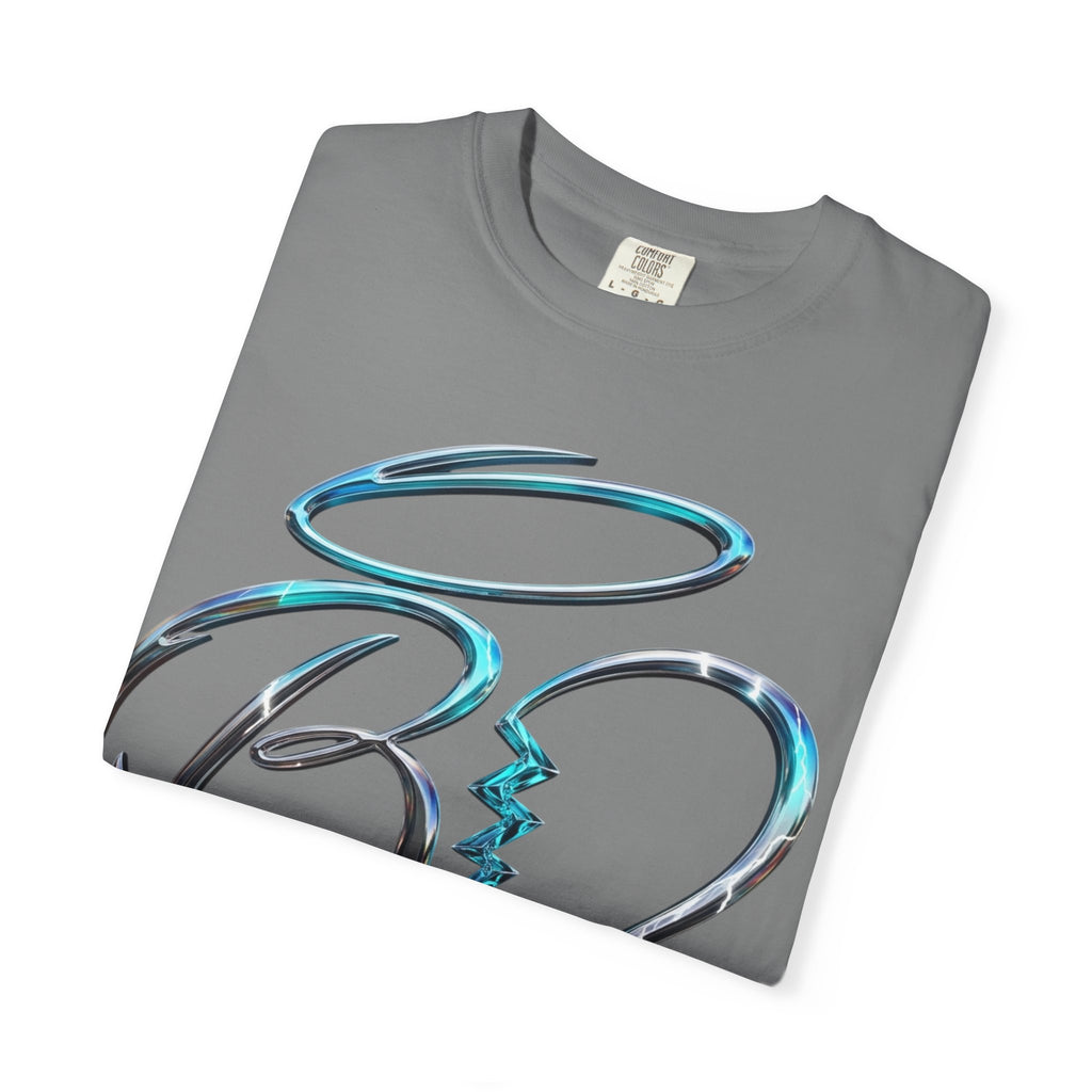 Angel & Devil Heart Graphic T-Shirt — Blue Metallic Script Design