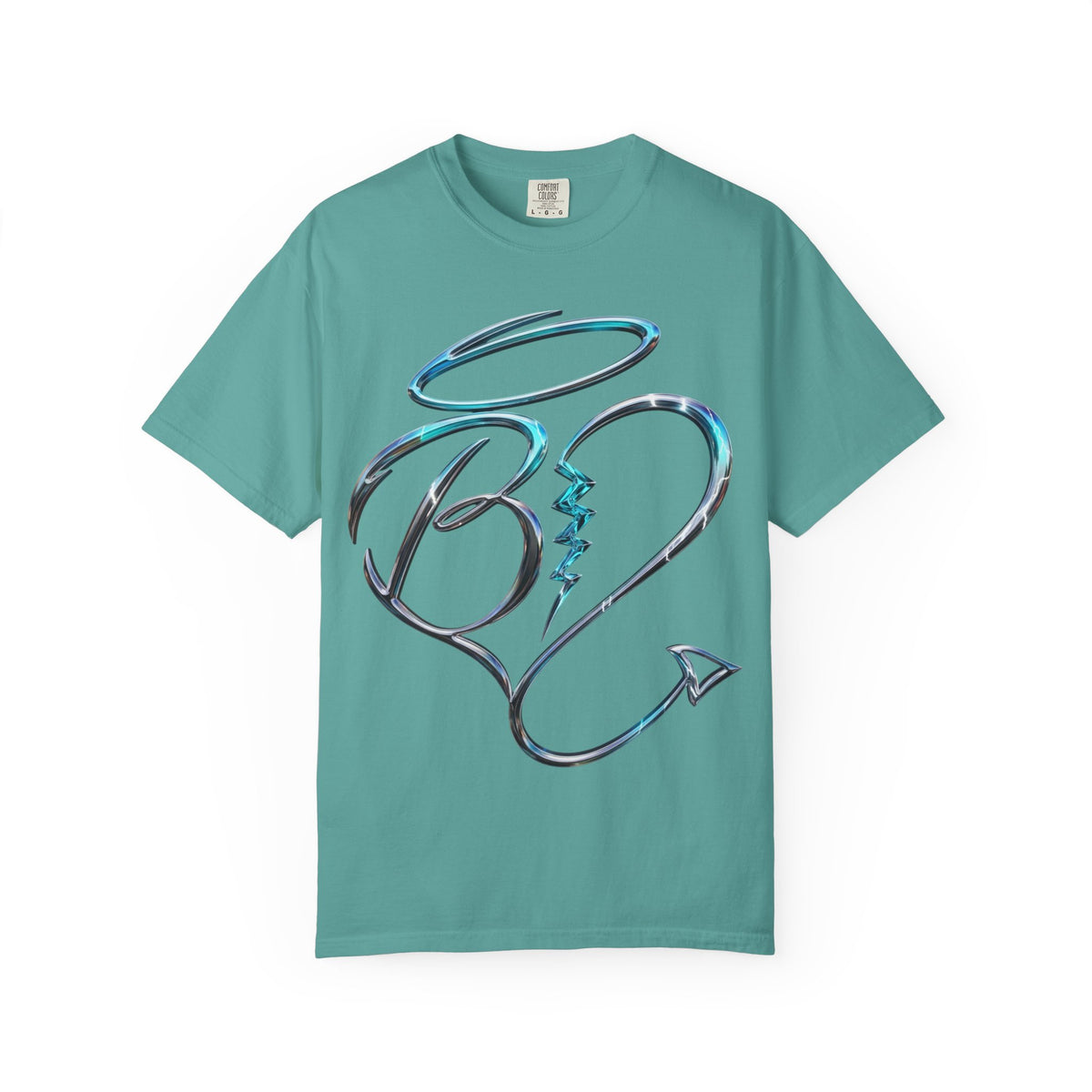 Angel & Devil Heart Graphic T-Shirt — Blue Metallic Script Design