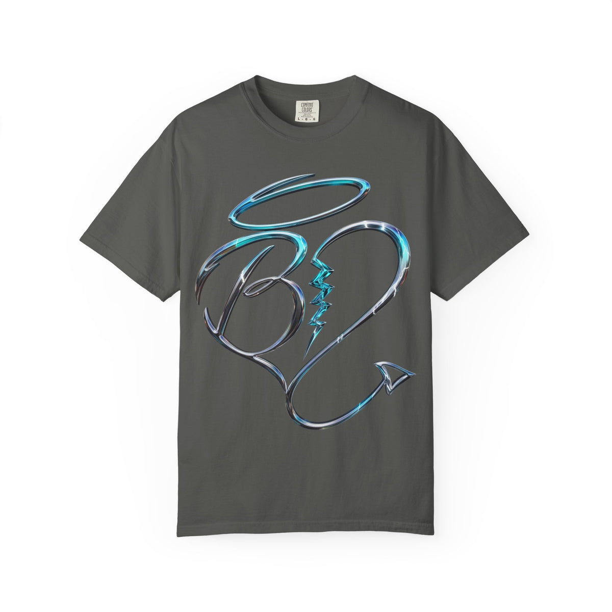 Angel & Devil Heart Graphic T-Shirt — Blue Metallic Script Design