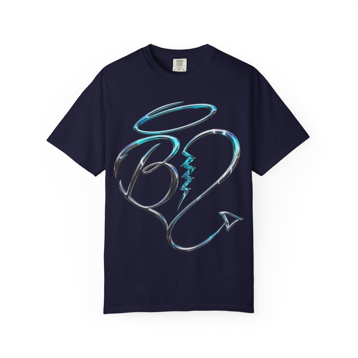 Angel & Devil Heart Graphic T-Shirt — Blue Metallic Script Design