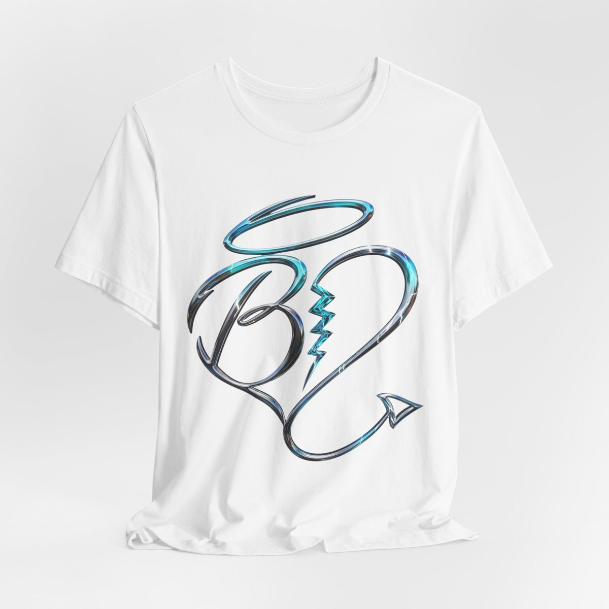 Heart Arrow Graphic Tee — Blue Metallic Love Emblem T-Shirt