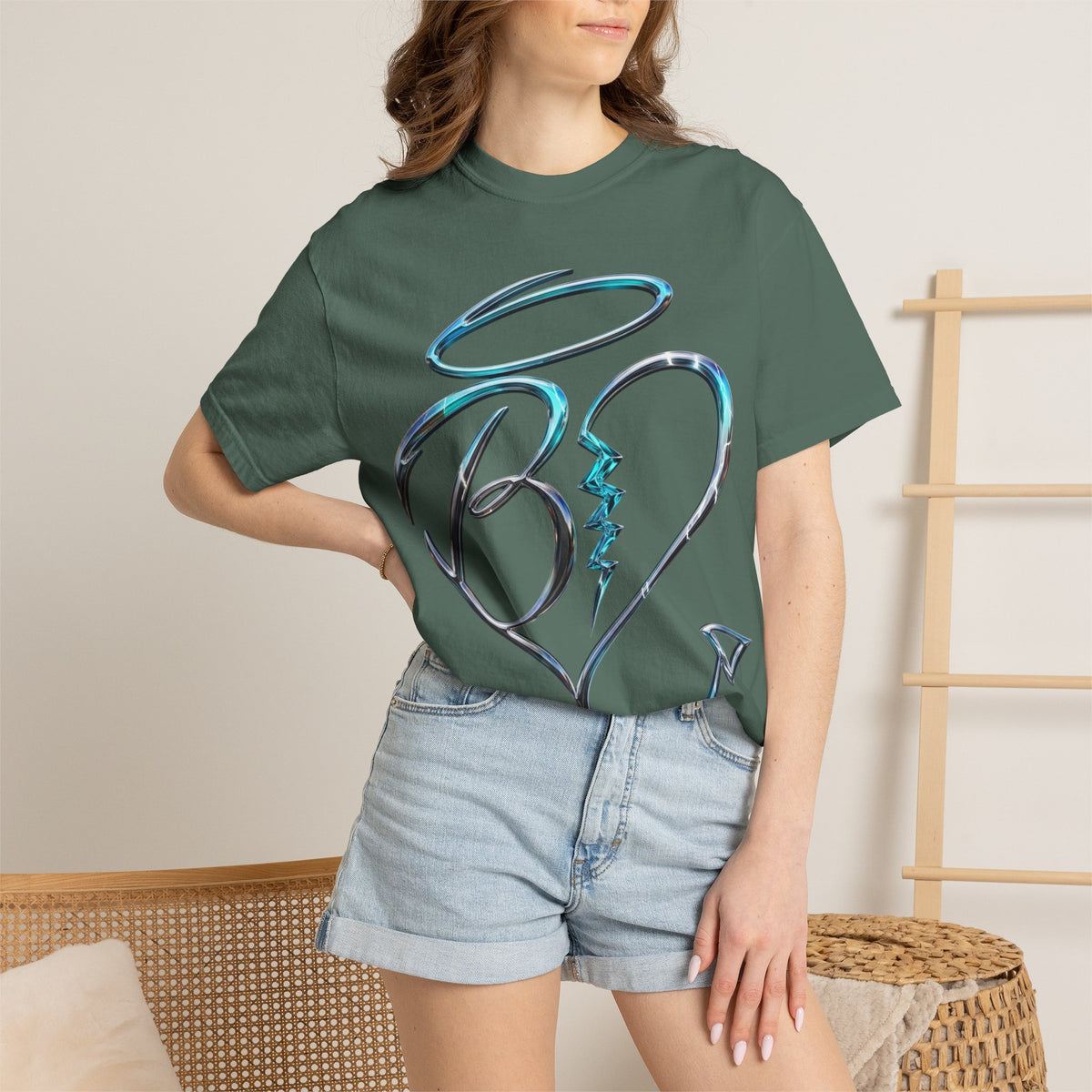 Angel & Devil Heart Graphic T-Shirt — Blue Metallic Script Design
