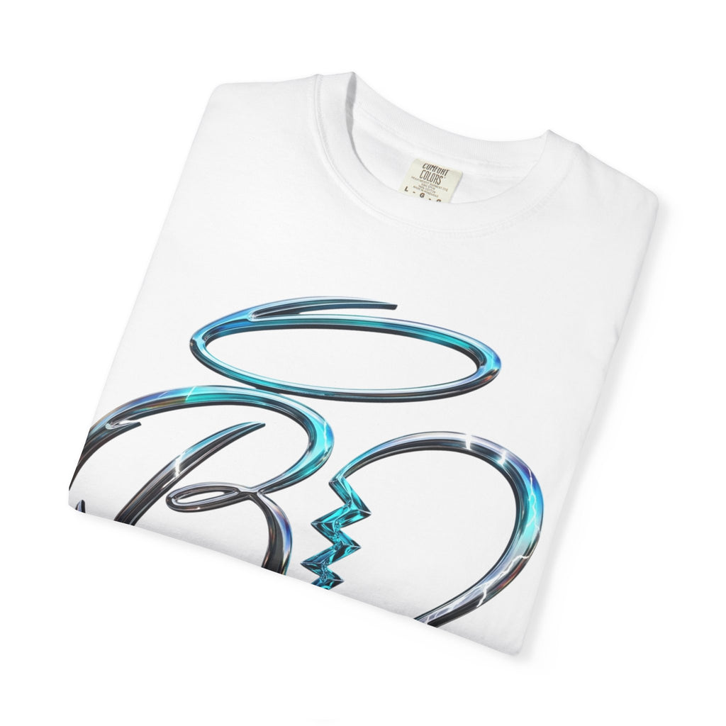 Angel & Devil Heart Graphic T-Shirt — Blue Metallic Script Design