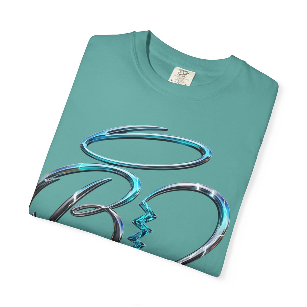 Angel & Devil Heart Graphic T-Shirt — Blue Metallic Script Design