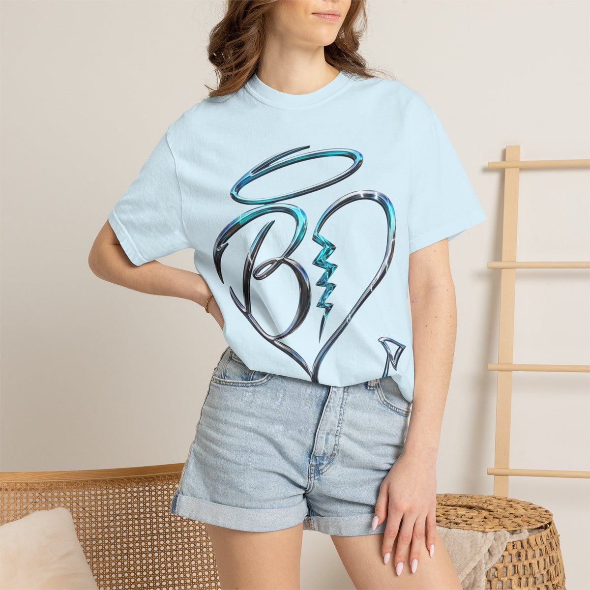 Angel & Devil Heart Graphic T-Shirt — Blue Metallic Script Design