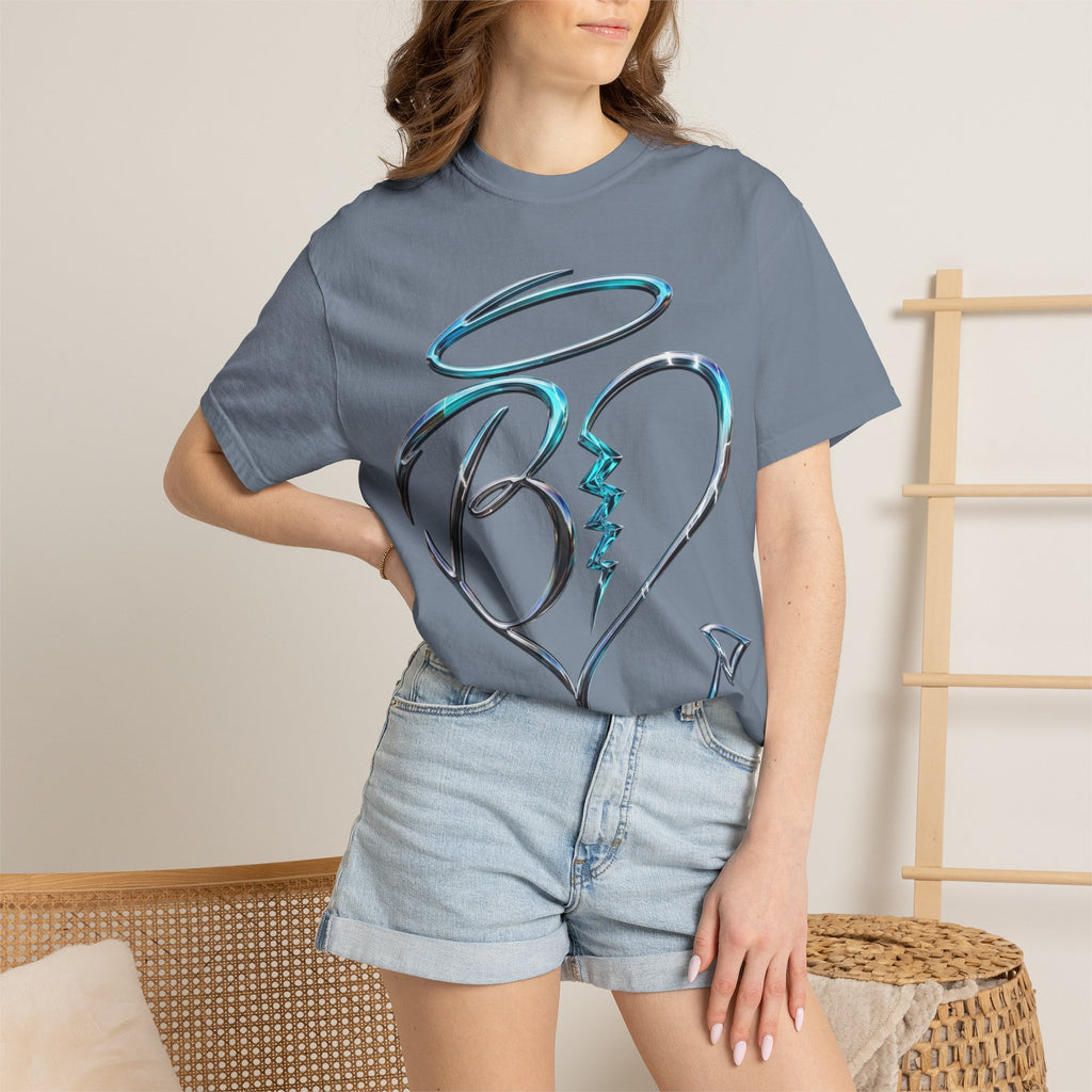 Angel & Devil Heart Graphic T-Shirt — Blue Metallic Script Design