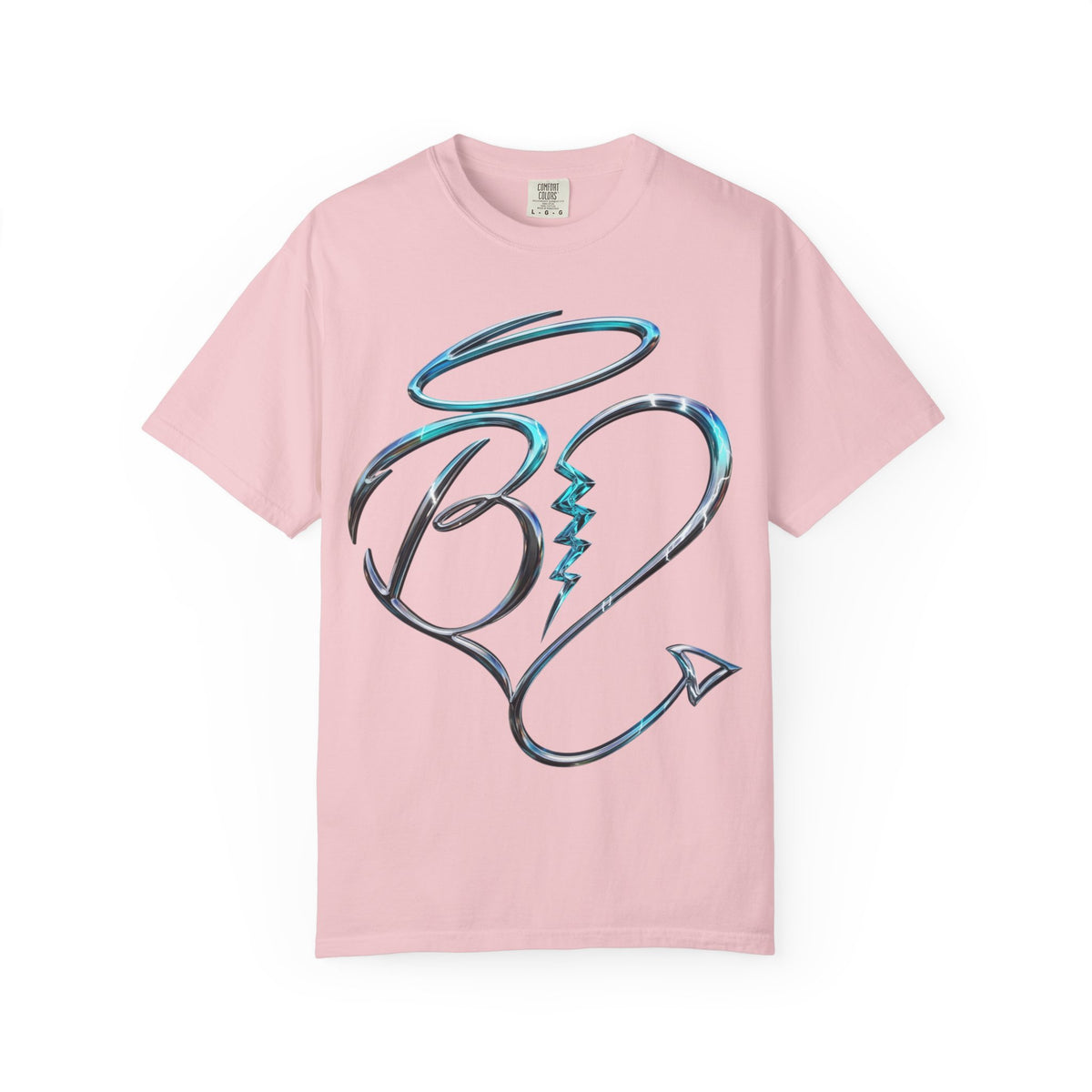 Angel & Devil Heart Graphic T-Shirt — Blue Metallic Script Design