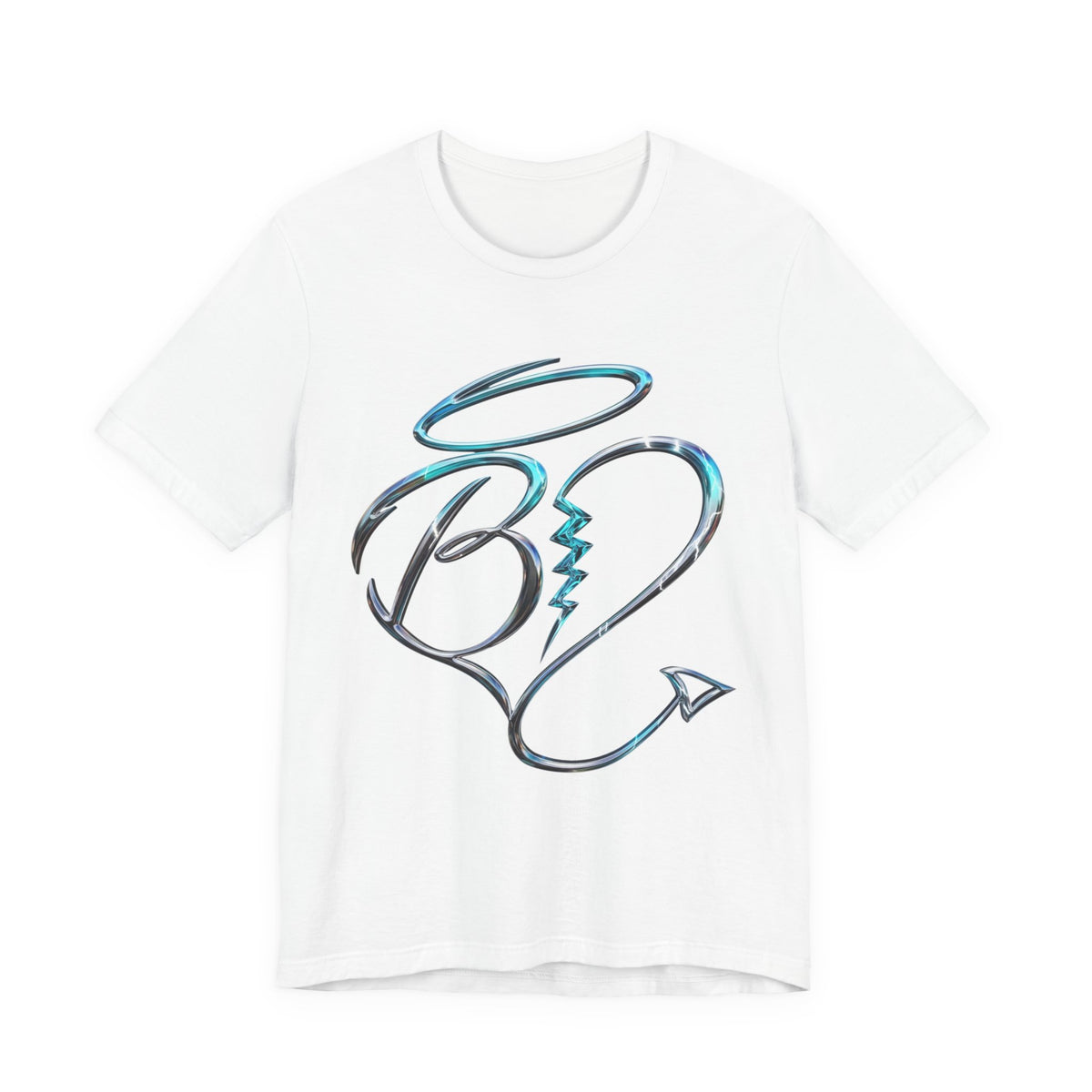 Heart Arrow Graphic Tee — Blue Metallic Love Emblem T-Shirt