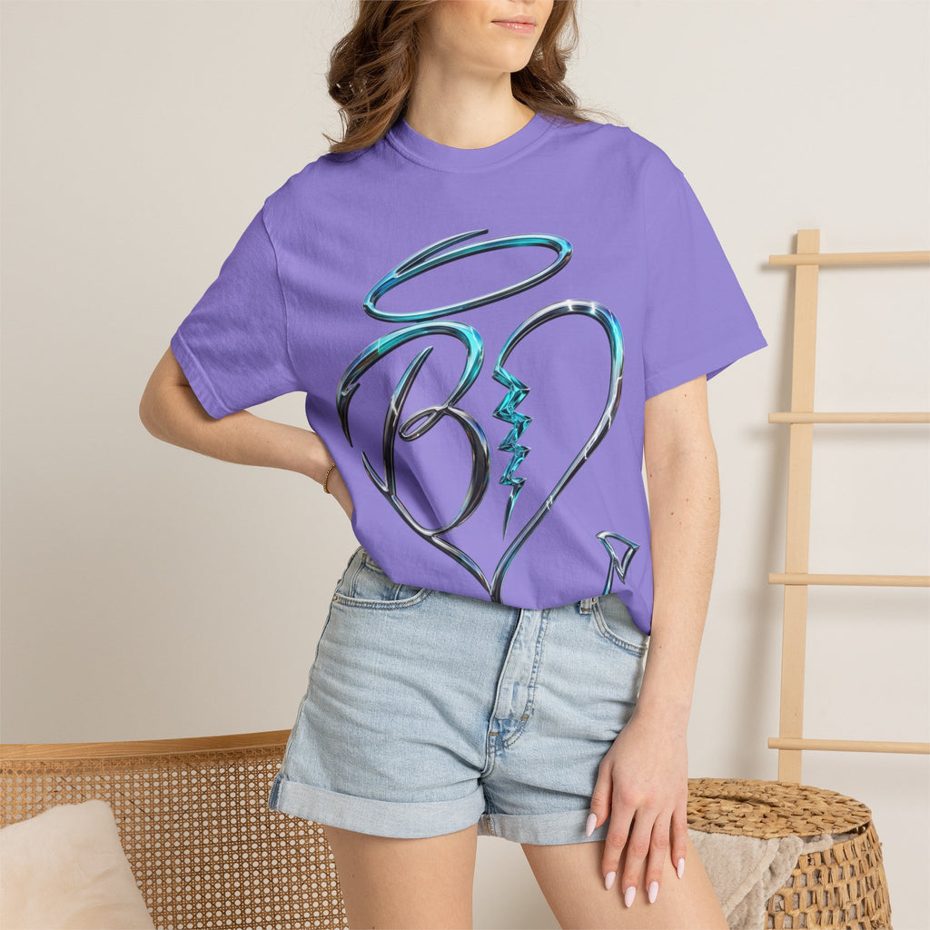 Angel & Devil Heart Graphic T-Shirt — Blue Metallic Script Design