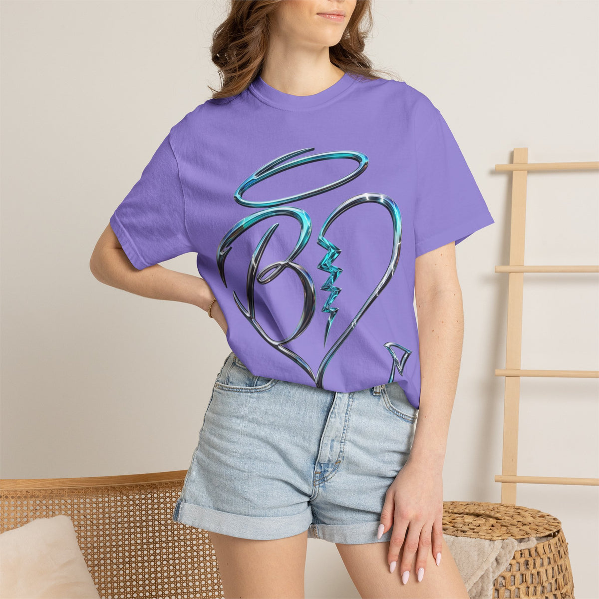 Angel & Devil Heart Graphic T-Shirt — Blue Metallic Script Design