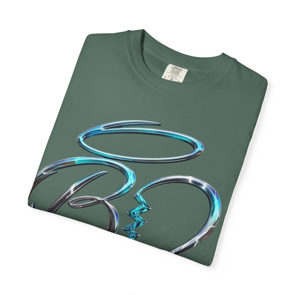 Angel & Devil Heart Graphic T-Shirt — Blue Metallic Script Design