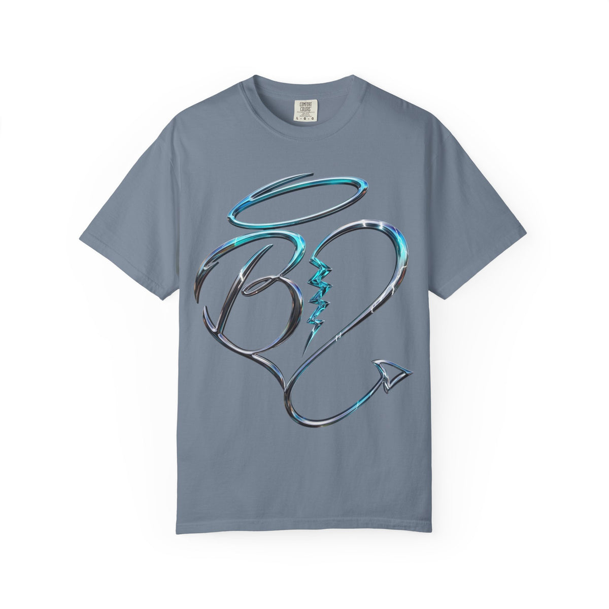 Angel & Devil Heart Graphic T-Shirt — Blue Metallic Script Design