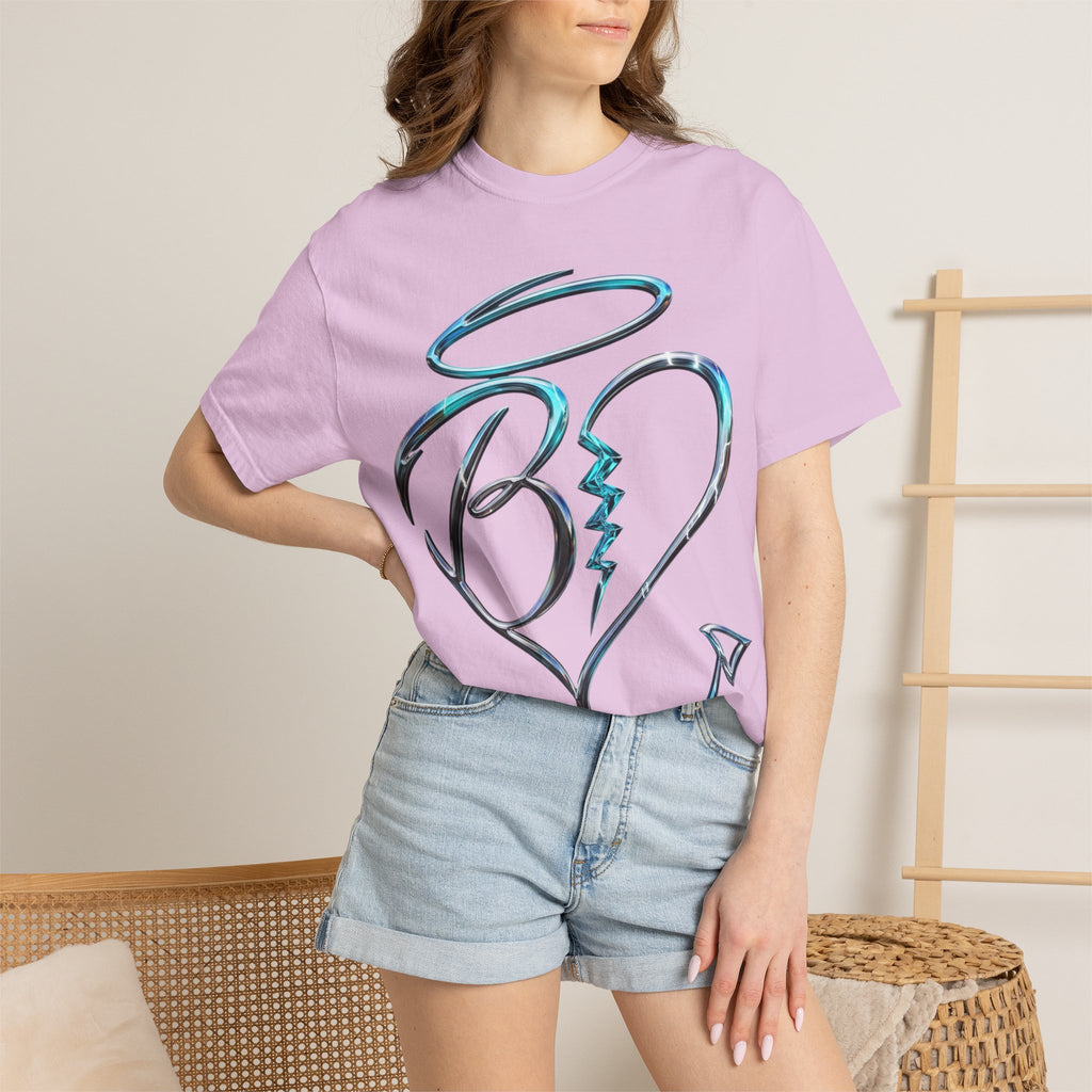 Angel & Devil Heart Graphic T-Shirt — Blue Metallic Script Design
