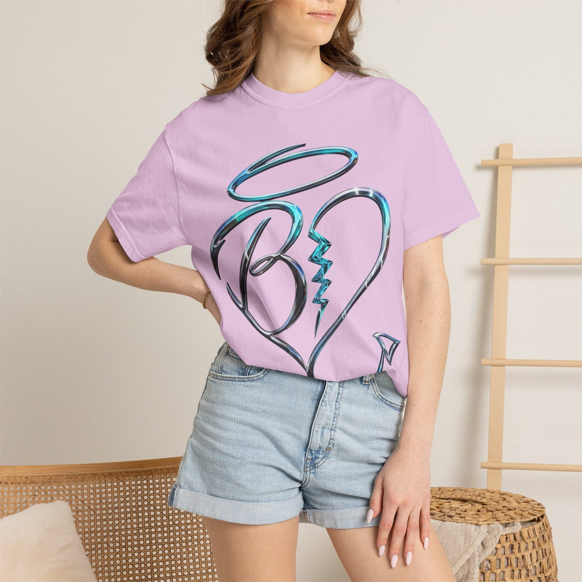 Angel & Devil Heart Graphic T-Shirt — Blue Metallic Script Design