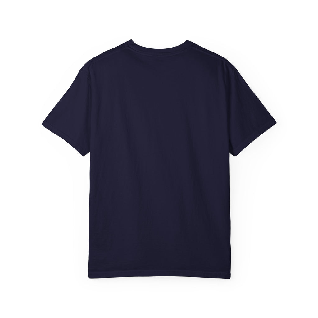 Angel & Devil Heart Graphic T-Shirt — Blue Metallic Script Design