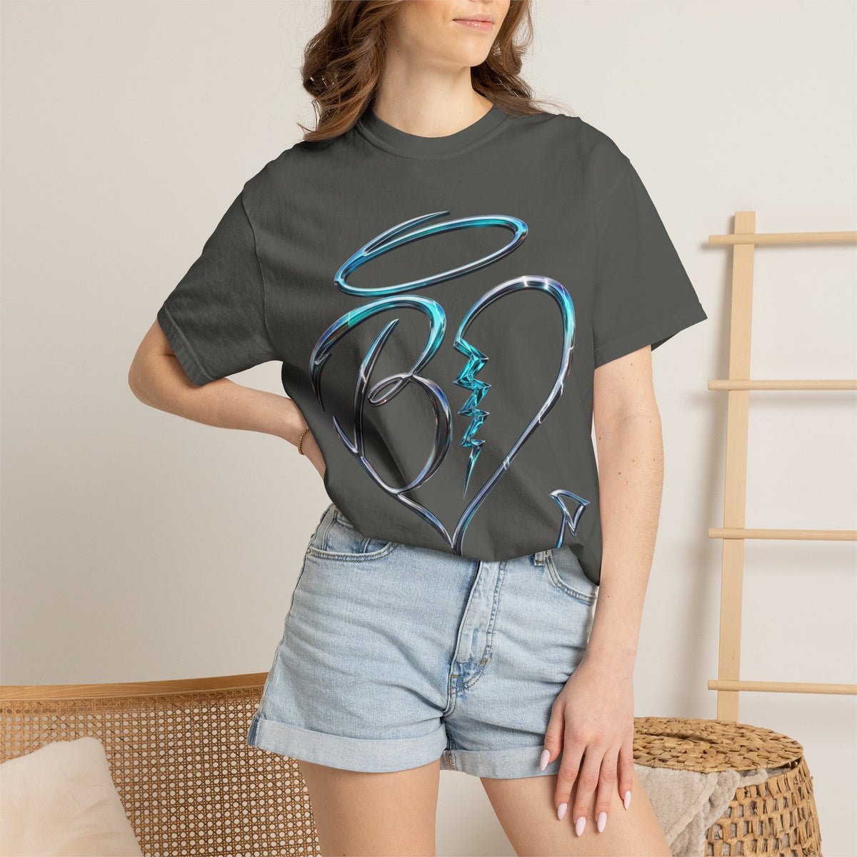 Angel & Devil Heart Graphic T-Shirt — Blue Metallic Script Design
