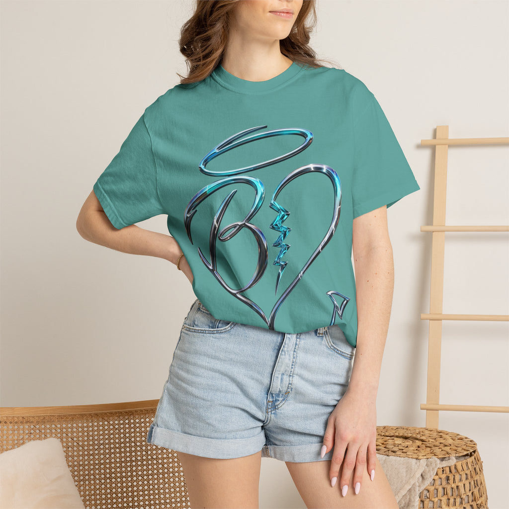 Angel & Devil Heart Graphic T-Shirt — Blue Metallic Script Design