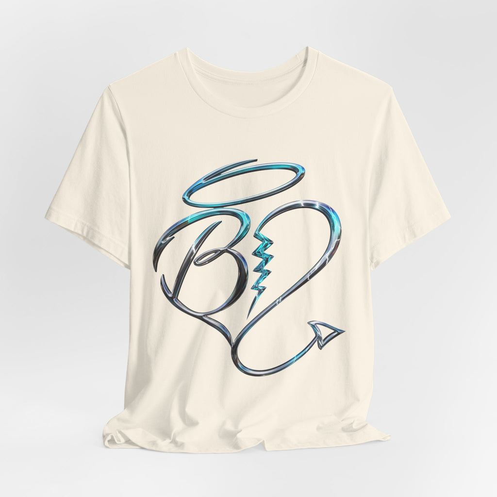 Heart Arrow Graphic Tee — Blue Metallic Love Emblem T-Shirt