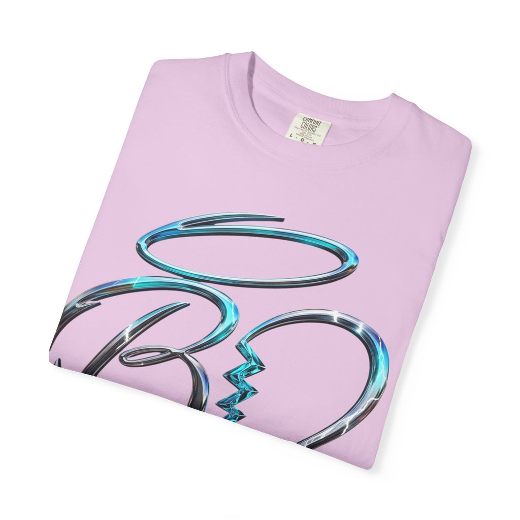 Angel & Devil Heart Graphic T-Shirt — Blue Metallic Script Design