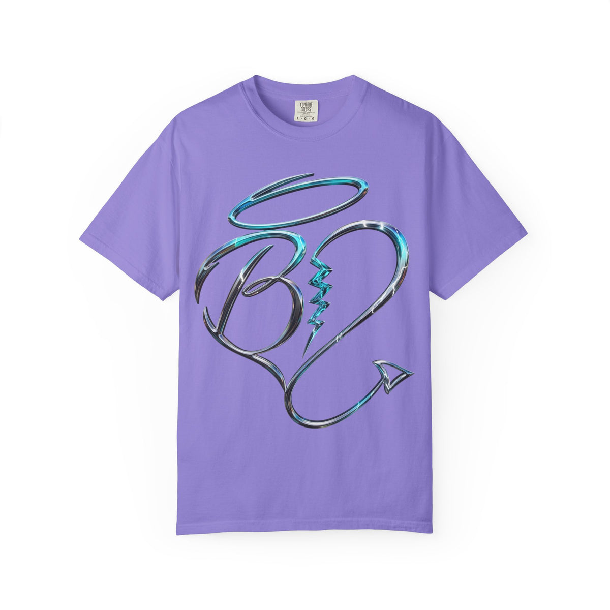 Angel & Devil Heart Graphic T-Shirt — Blue Metallic Script Design