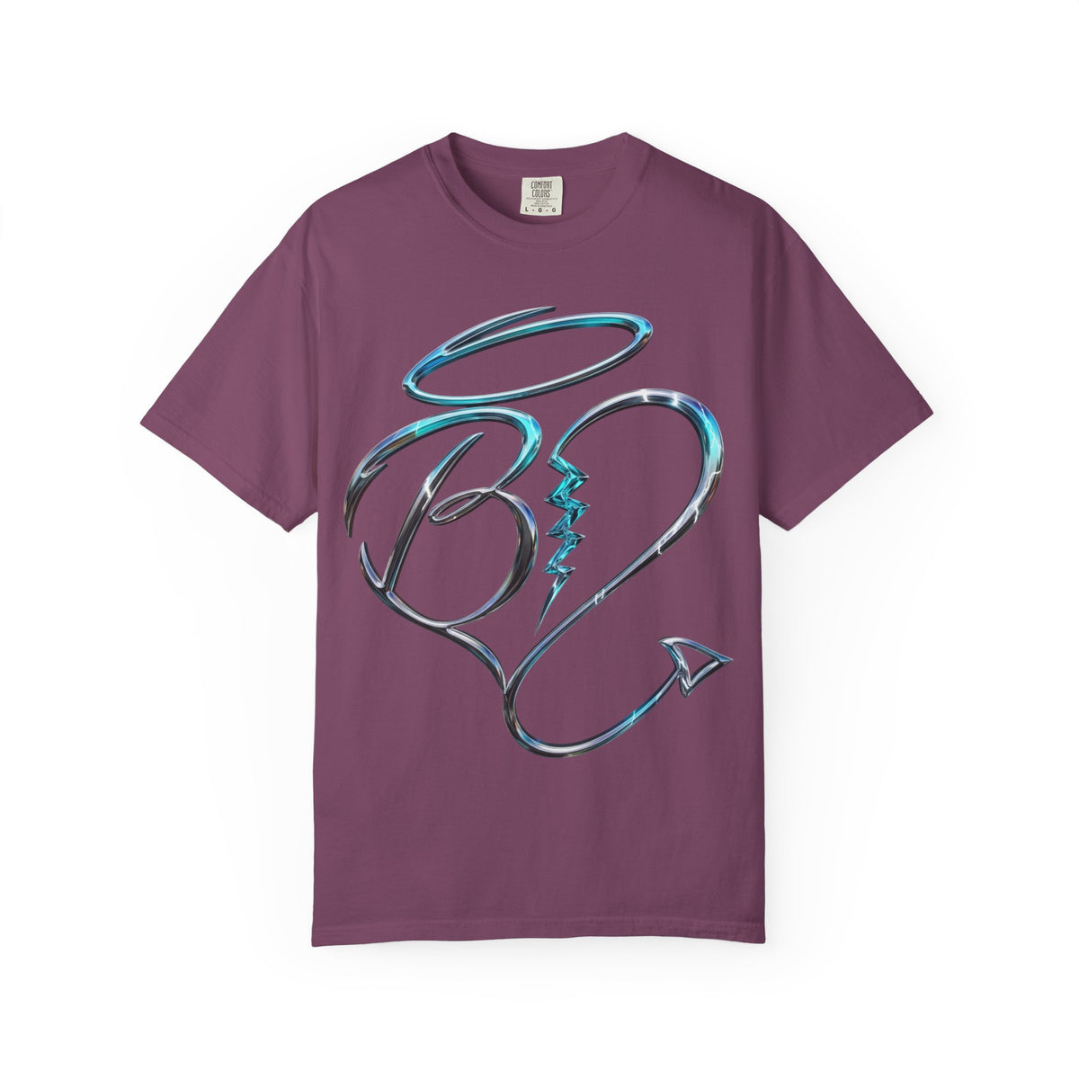 Angel & Devil Heart Graphic T-Shirt — Blue Metallic Script Design