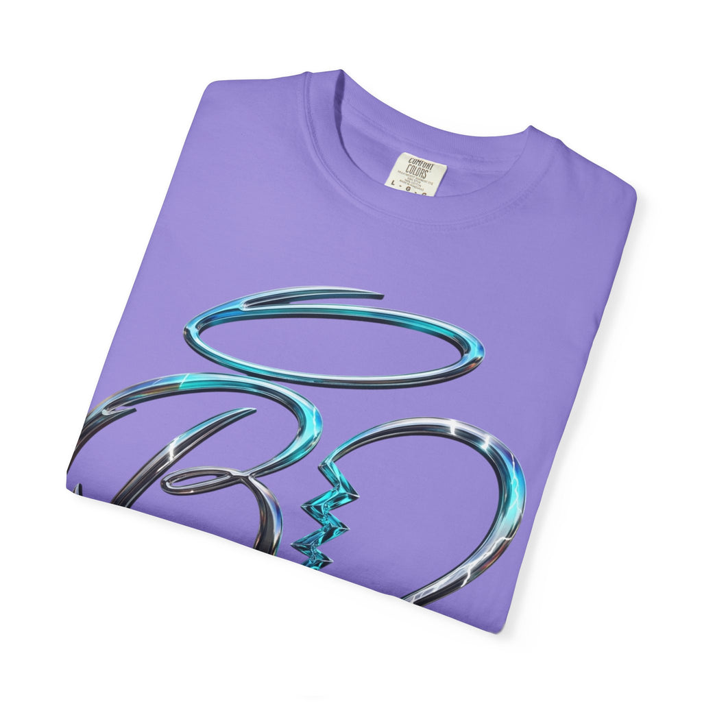 Angel & Devil Heart Graphic T-Shirt — Blue Metallic Script Design