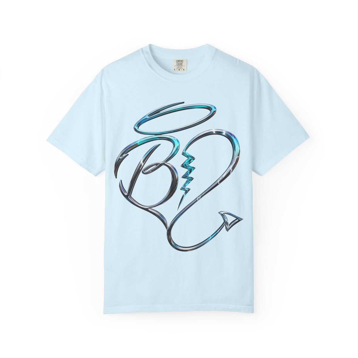Angel & Devil Heart Graphic T-Shirt — Blue Metallic Script Design